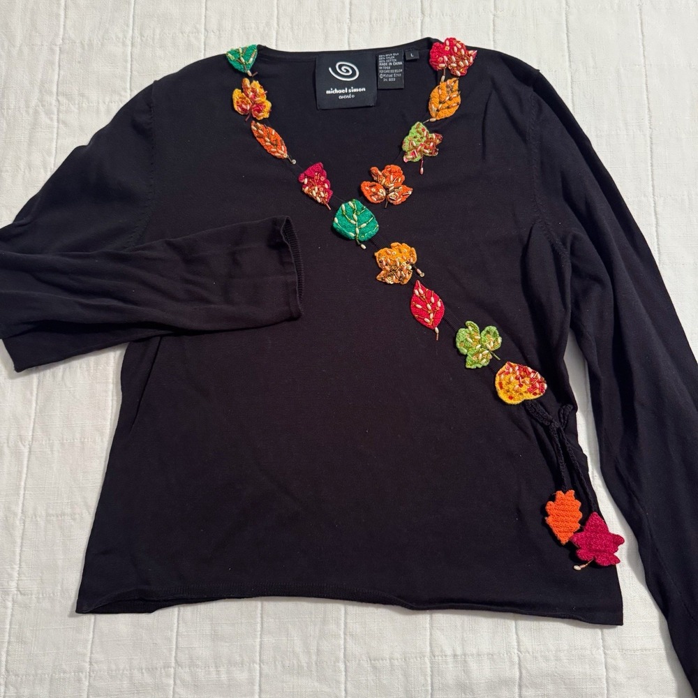 Vintage Michael Simon Event Leaf Appliqué V Neck Women's LARGE Knit‎ Fall Leaves